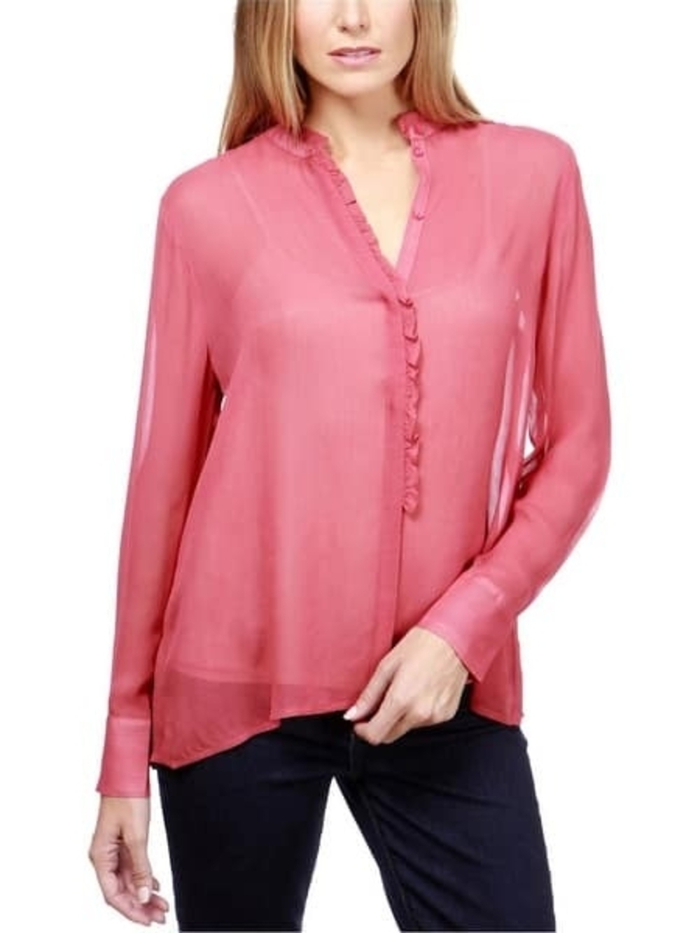 Lucky Brand NWT Womens Ruffled Illusion Button Up Shirt, Red, Size Medium